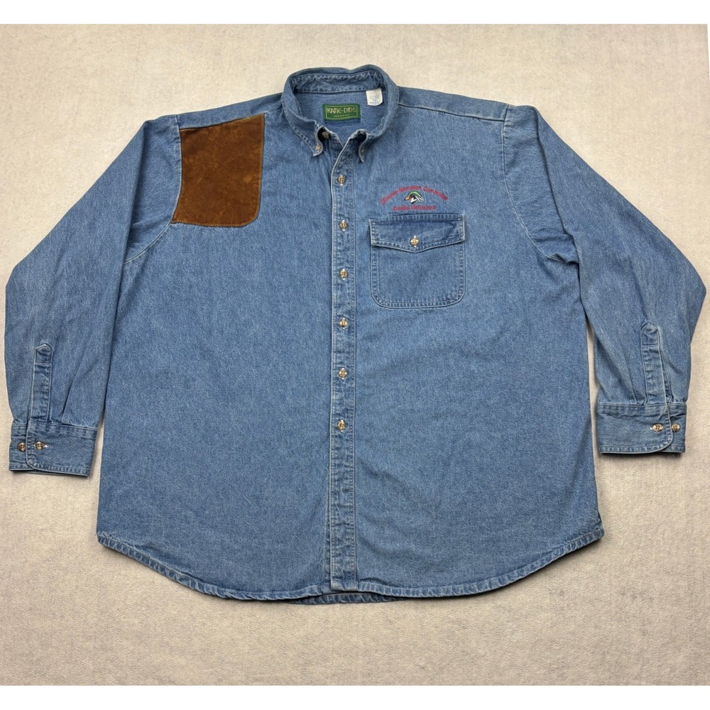 Vintage Katie Dids Shirt Mens 2XL Blue Denim Ducks Unlimited Suede Shooting USA